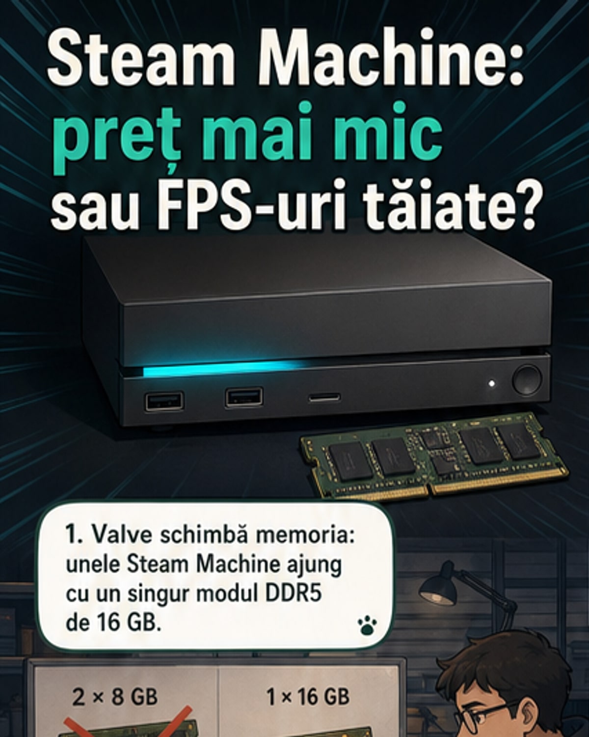 Ilustrație a unei console Steam Machine cu un singur modul RAM evidențiat, alături de un grafic care compară performanța dual-channel vs single-channel.