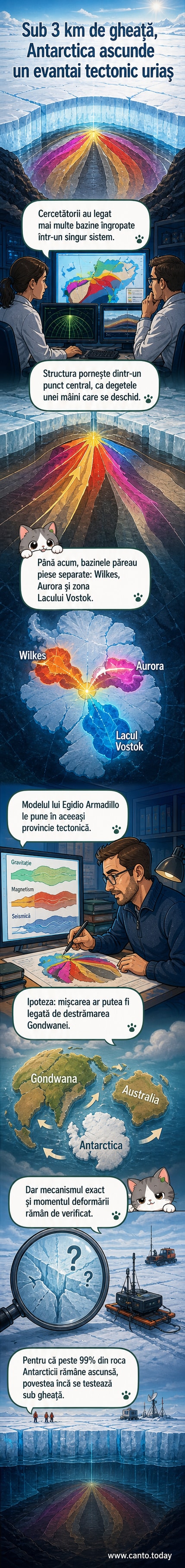 Ilustrare schematică a unei structuri geologice în formă de evantai sub gheața Antarcticii, cu bazine triunghiulare dispuse radial și linii care indică forțele tectonice de extindere.