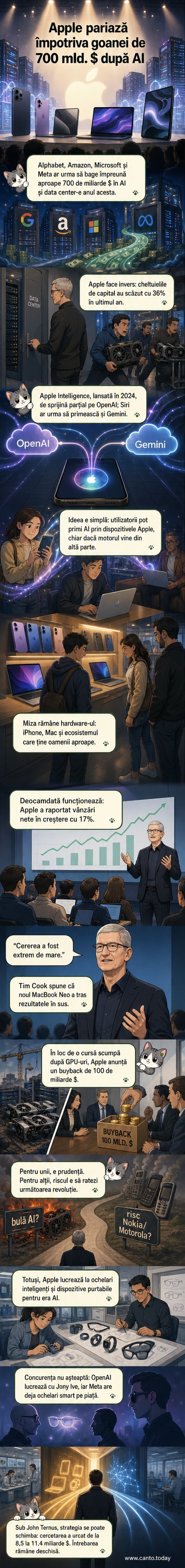 Ilustrație cu un iPhone și un Mac pe fundalul unui centru de date AI, cu Apple într-o parte și logo-urile Meta, Microsoft, Google în cealaltă.