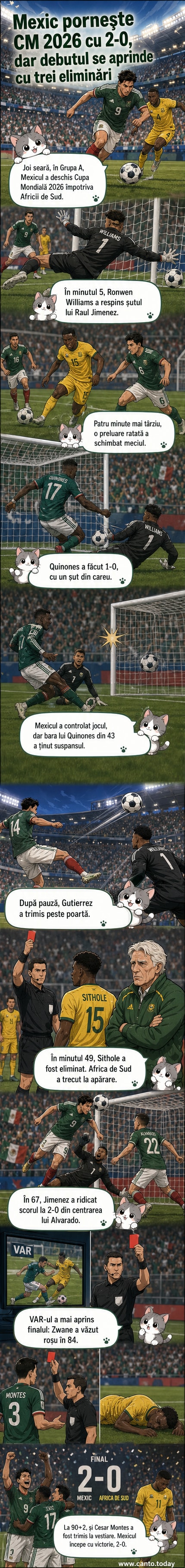 Jucători mexicani sărbătoresc după golul de 2-0 în meciul contra Africii de Sud, cu arbitru și jucători sud-africani în fundal, într-un stadion plin.