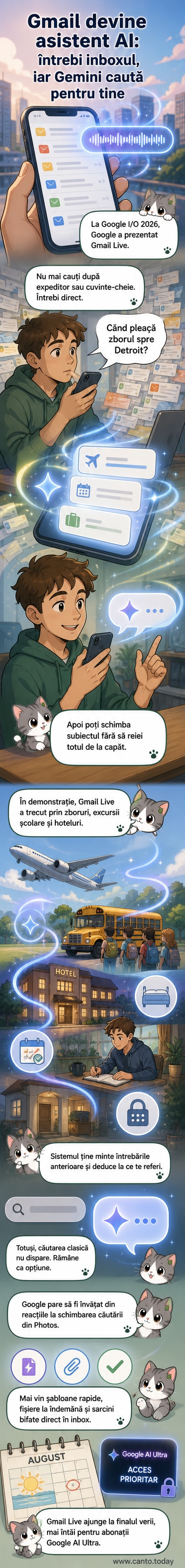 Ilustrație care arată un utilizator vorbind cu interfața Gmail, care răspunde printr-un balon de dialog cu informații extrase din e-mailuri, cum ar fi un cod de rezervare sau o oră de plecare.