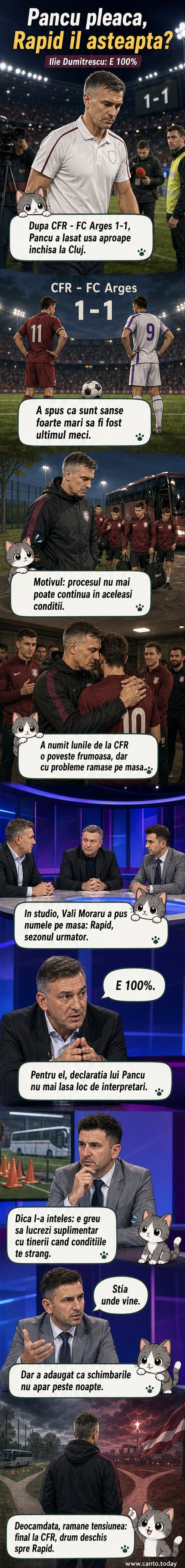 Ilustrație cu Daniel Pancu lângă banca lui CFR Cluj, cu o săgeată către Rapid, într-un cadru de comentarii sportive.