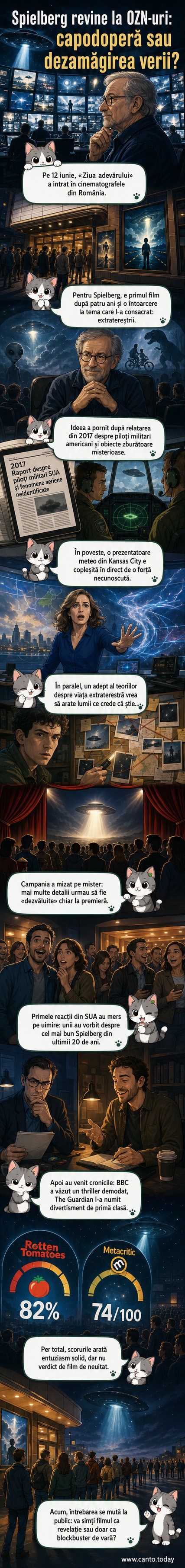 Imagine promovată a filmului „Ziua adevărului”, cu siluetele unor personaje privind spre un obiect zburător luminos într-un cer nocturn, sugerând tensiune și mister.
