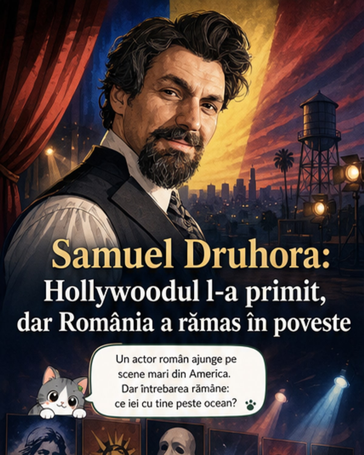 Samuel Druhora, actor român într-o scenă de teatru muzical, cu lumini de scenă și decor teatral în fundal.