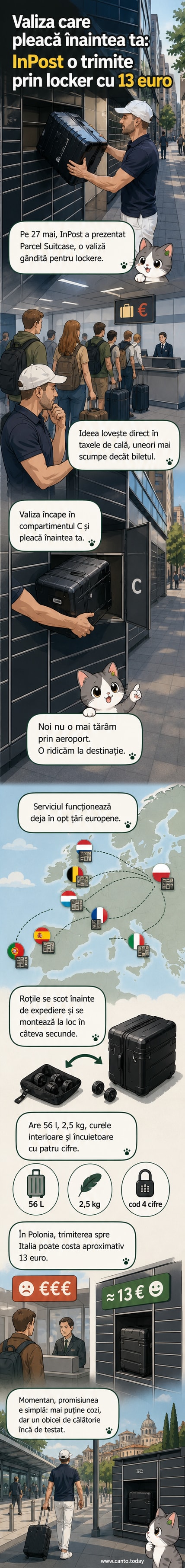 O valiză gri din policarbonat, cu roți detașabile, așezată într-un compartiment de locker automat, într-o imagine promoțională a companiei InPost.