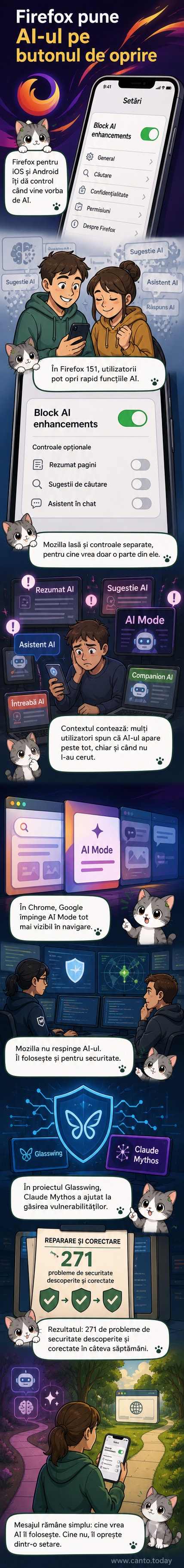 Ilustrație webtoon cu un buton mare etichetat 'Dezactivează AI' într-un browser Firefox, cu fundal de ecran de telefon mobil.