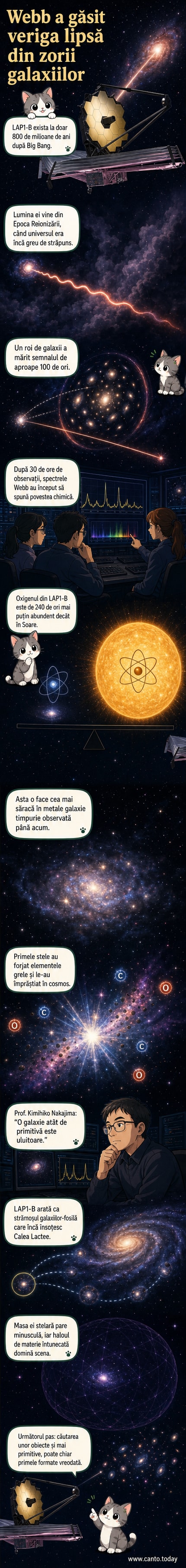Ilustrație cosmică a galaxiei LAP1-B, cu o nuanță roșie profundă, înconjurată de lentila gravitațională a unui roi de galaxii, cu Soarele reprezentat la scară pentru comparație a conținutului de oxigen.