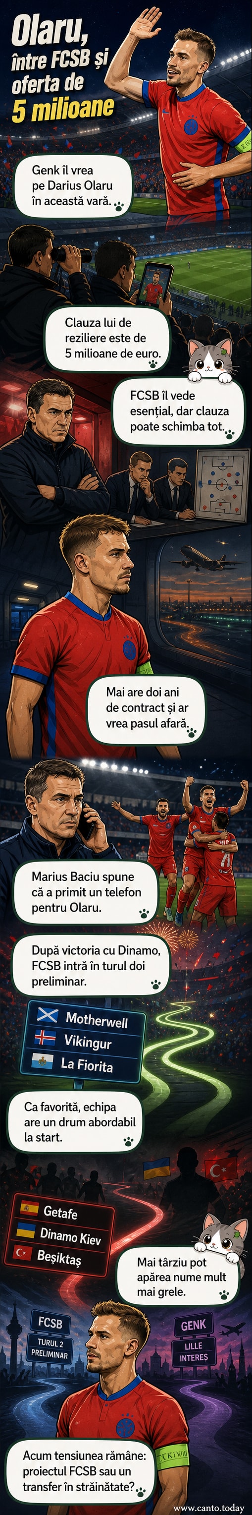 Ilustrație cu Darius Olaru în tricoul FCSB, cu un banner al Genk în fundal și suma de 5 milioane euro afișată