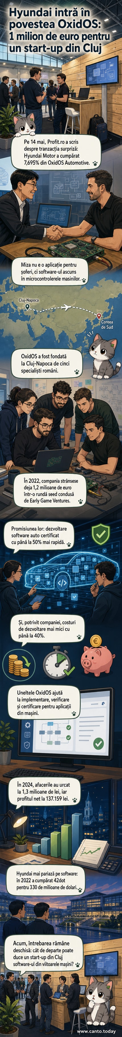 Ilustrație care reprezintă o mașină electrică modernă conectată la un sistem de cod software, cu clădirile din Cluj-Napoca în fundal și logoul Hyundai lângă un startup tech local.