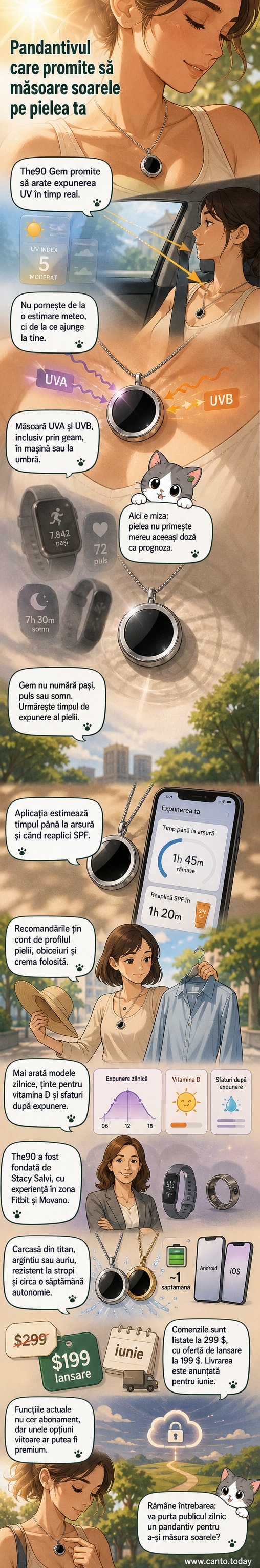 Un pandantiv smart din titan, în formă de disc subțire, afișează date despre expunerea la raze UV printr-o aplicație mobilă.
