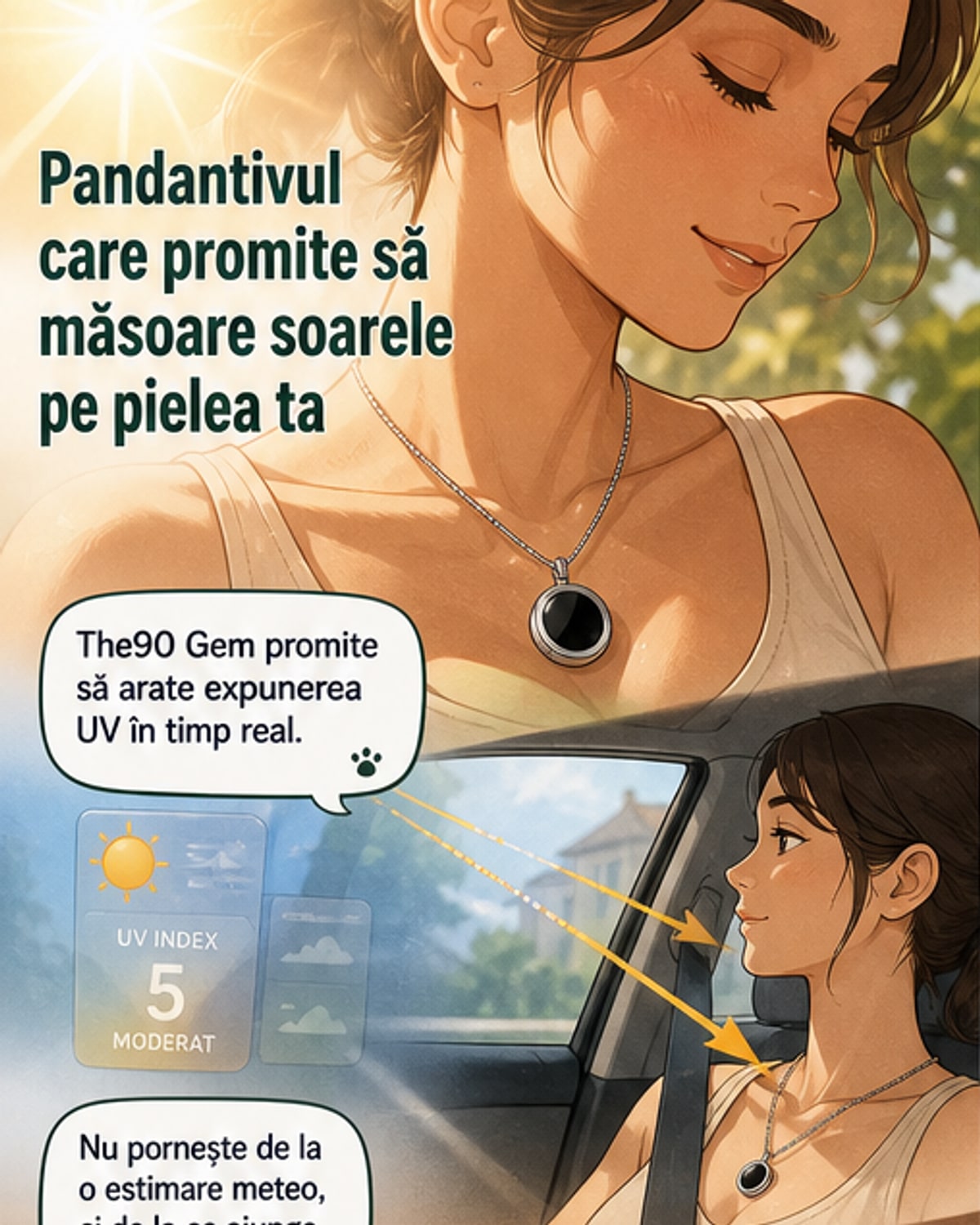 Un pandantiv smart din titan, în formă de disc subțire, afișează date despre expunerea la raze UV printr-o aplicație mobilă.