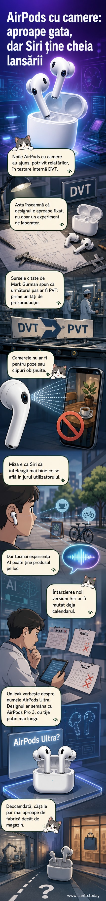Ilustrație a unor AirPods cu camere mici pe tijă, într-un design similar cu AirPods Pro 3, într-un mediu urban discret.