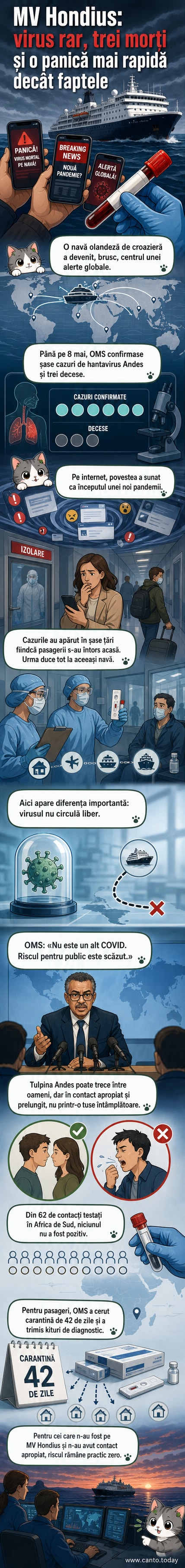 Ilustrare webtoon cu o navă de croazieră în Atlantic, cu contururi roșii de virus în jurul ei, și un mesaj OMS: 'Riscul pentru public e scăzut.'