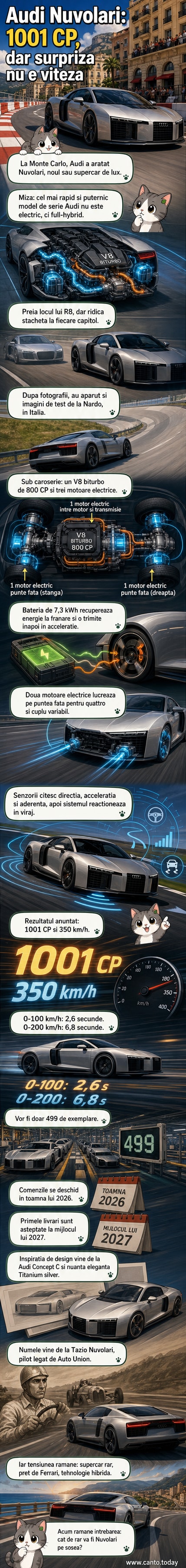 Audi Nuvolari, un supercar hibrid argintiu, în premieră pe circuitul de la Monaco, cu design aerodinamic și detalii inspirate din Formula 1
