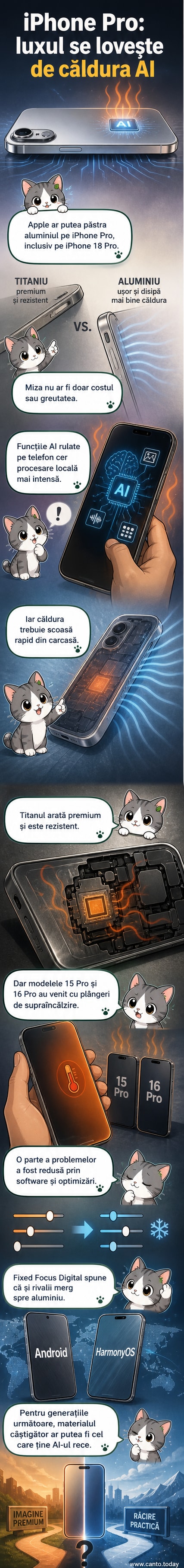Ilustrație care compară un iPhone Pro din titan cu unul din aluminiu, cu fluxuri de căldură vizualizate deasupra, subliniind diferențele de disipare termică.