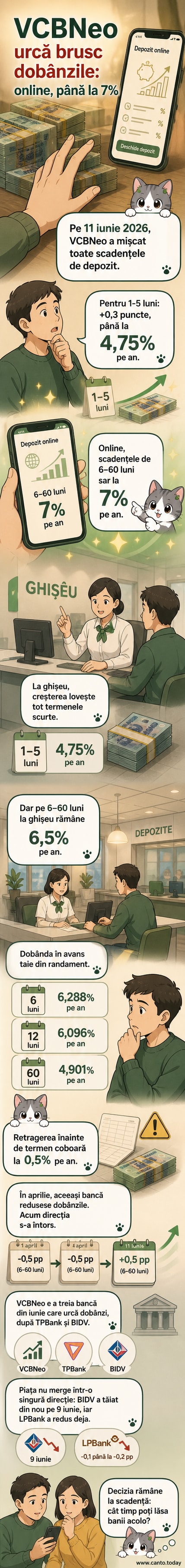 Grafic cu evoluția ratelor dobânzilor bancare în Vietnam, evidențiind creșterea la 7% pentru depozitele online VCBNeo.