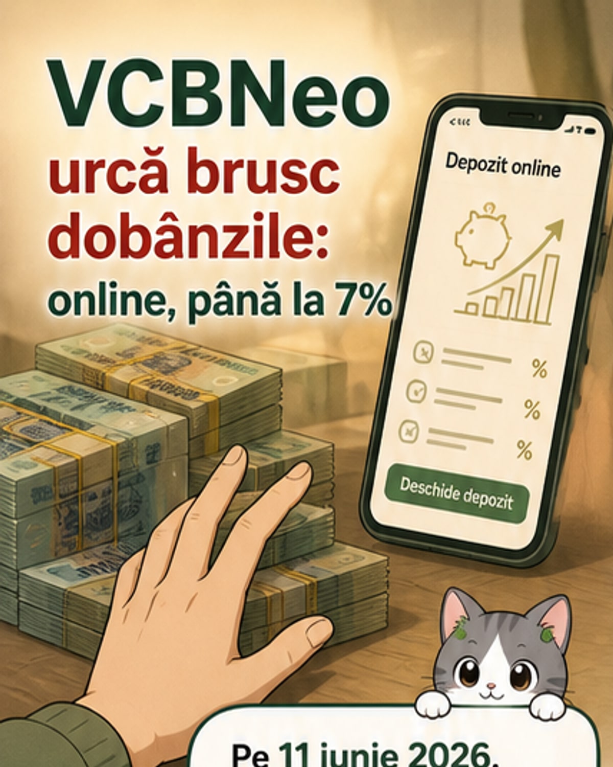 Grafic cu evoluția ratelor dobânzilor bancare în Vietnam, evidențiind creșterea la 7% pentru depozitele online VCBNeo.