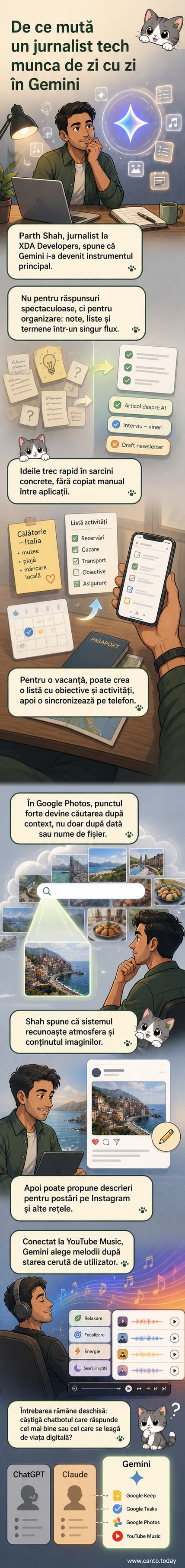 Ilustrație cu un asistent AI integrat în aplicații Google: Keep, Photos, Tasks și YouTube Music, arătând cum organizează idei, poze și muzică într-un singur flux.