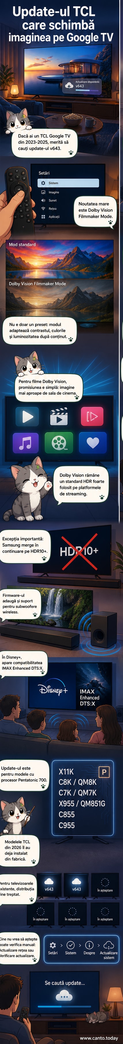 Ilustrație a unui televizor TCL cu imaginea ajustată în modul Dolby Vision Filmmaker Mode, alături de interfața Google TV și simboluri pentru sunet IMAX Enhanced.