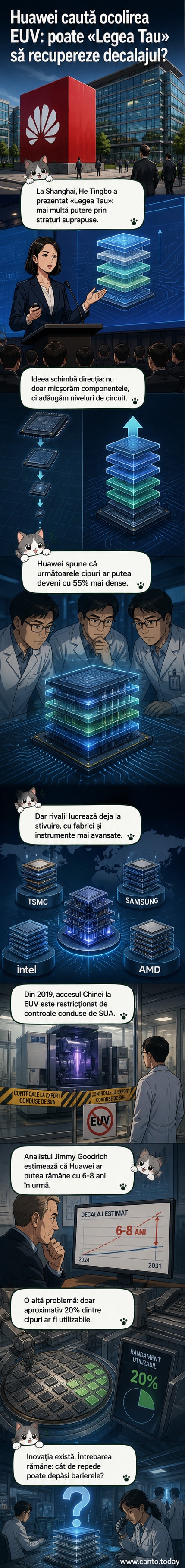 Ilustrație cu un cip modern suprapus peste un plan de fabricație, cu simboluri tehnologice și un zid etichetat „EUV” în fundal