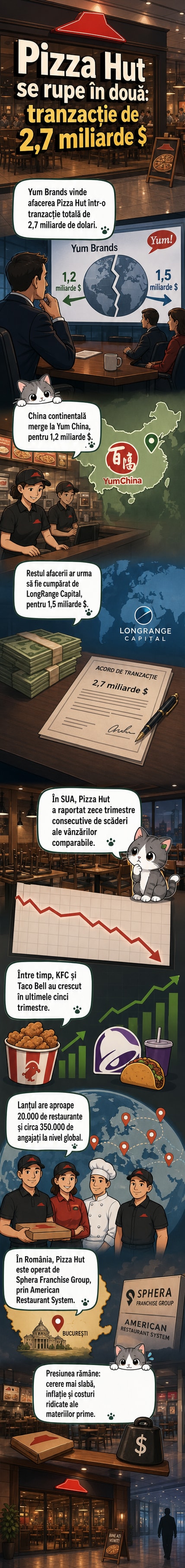 Ilustrație care arată o pizza împărțită în două jumătăți, una etichetată „China” și cealaltă „Restul lumii”, cu logo-ul Pizza Hut pe fundal.