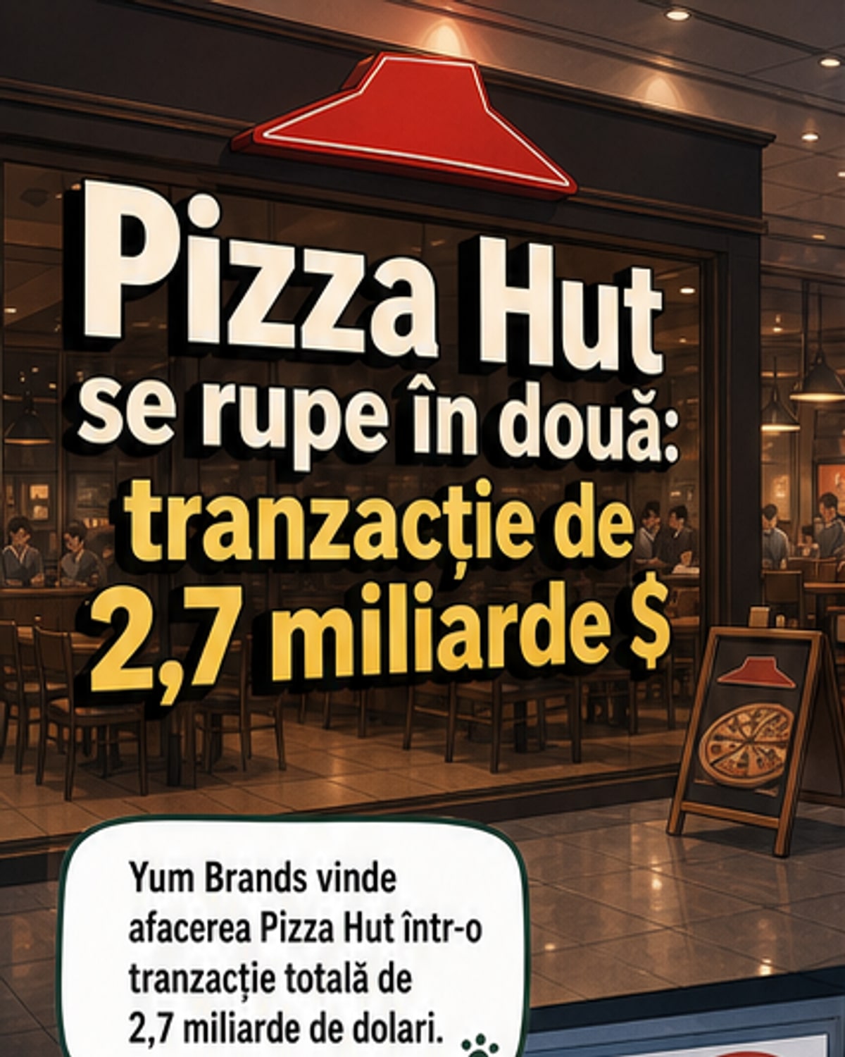 Ilustrație care arată o pizza împărțită în două jumătăți, una etichetată „China” și cealaltă „Restul lumii”, cu logo-ul Pizza Hut pe fundal.