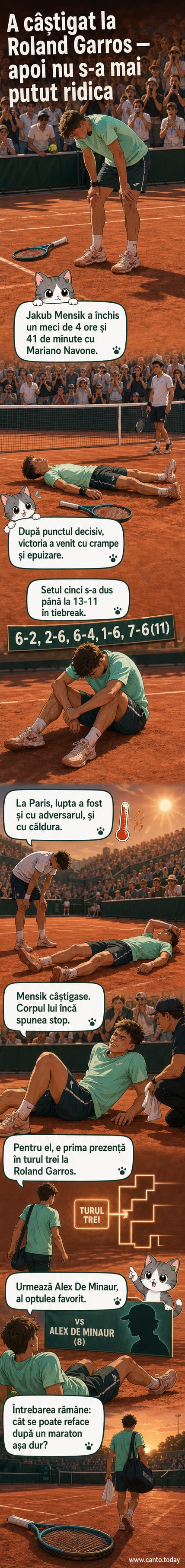 Jakub Mensik stând întins pe terenul de tenis de la Roland Garros, epuizat după victoria împotriva lui Mariano Navone