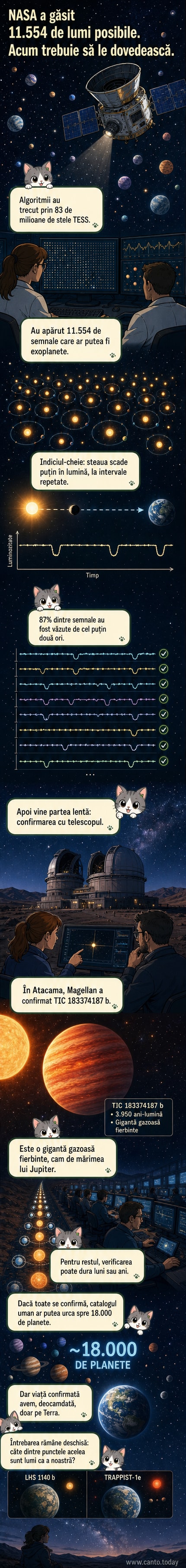 Ilustrație artistică a unei exoplanete gigant gazoase asemănătoare cu Jupiter, într-un sistem stelar îndepărtat, cu steaua sa mamă în fundal și satelitul TESS în prim-plan.