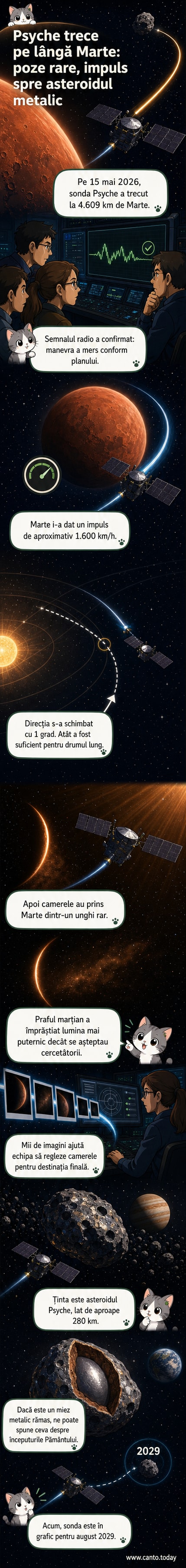 Ilustrație webtoon: sonda NASA Psyche în apropierea planetei Marte, cu o imagine clară a calotei polare sudice și a reliefului marțian, în drumul spre asteroidul metalic Psyche.