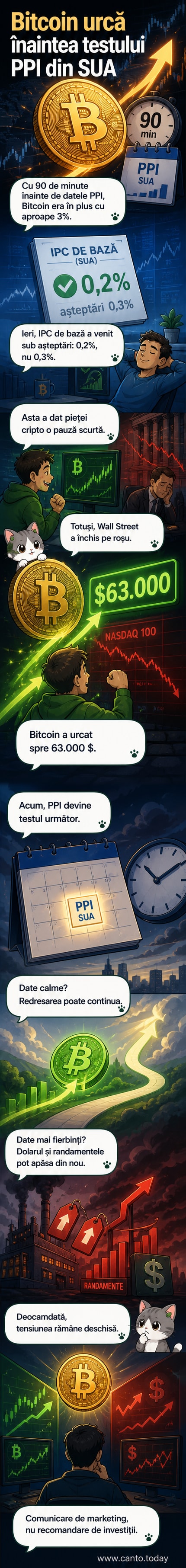 Graficul zilnic al prețului Bitcoin, care urcă spre 63.000 USD înainte de publicarea datelor PPI din SUA