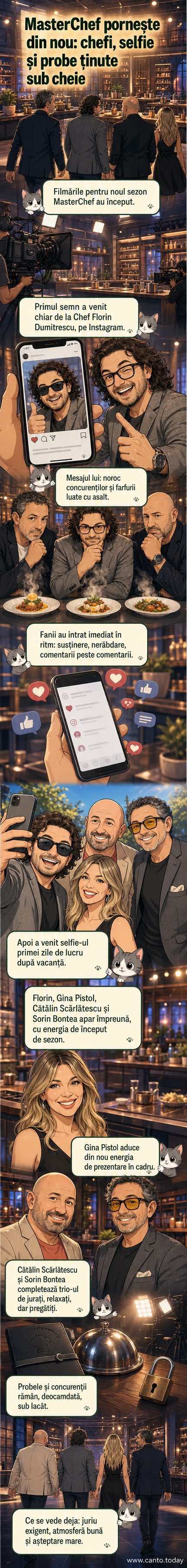Selfie de grup în exterior cu juriul MasterChef România — Florin Dumitrescu, Cătălin Scărlătescu, Sorin Bontea — și prezentatoarea Gina Pistol, zâmbind în prima zi de filmare.
