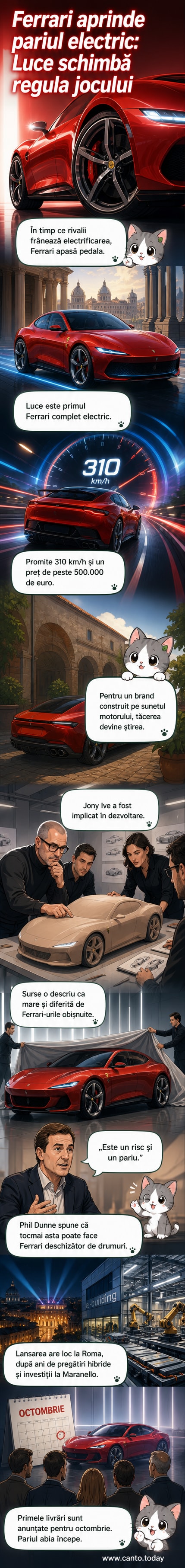 Ilustrație webtoon: o mașină electrică Ferrari Luce roșie, cu design aerodinamic, în fața clădirii sediului din Maranello, cu o scenă de lansare în fundal.