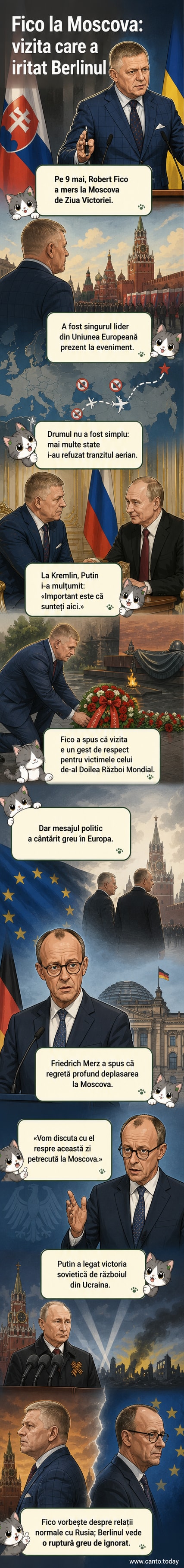 Premierul slovac Robert Fico depune flori la Mormântul Soldatului Necunoscut în Moscova, în timp ce cancelarul german Friedrich Merz critică vizita sa.