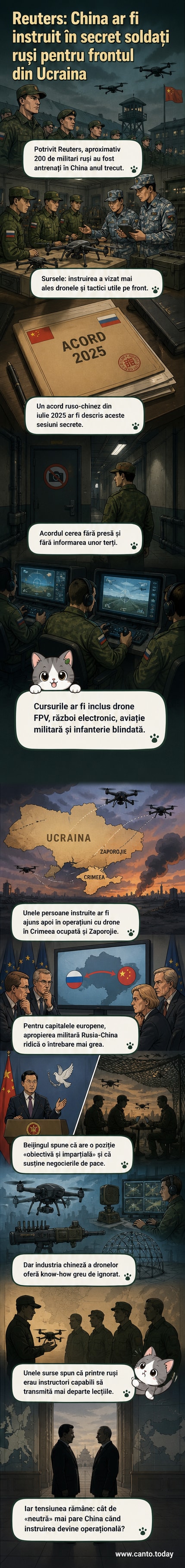Soldați ruși în uniformă instruiți de militari chinezi într-o bază militară, în timp ce drone militare zboară în fundal.