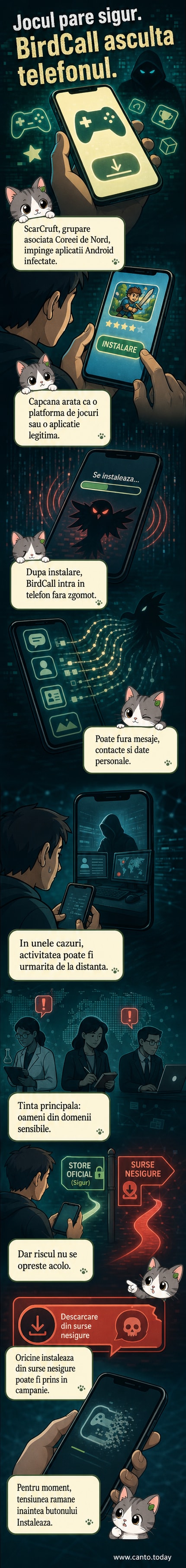 Un telefon Android cu o aplicație de joc deschisă, din care iese un cod roșu de malware etichetat BirdCall, înconjurat de simboluri de spionaj digital