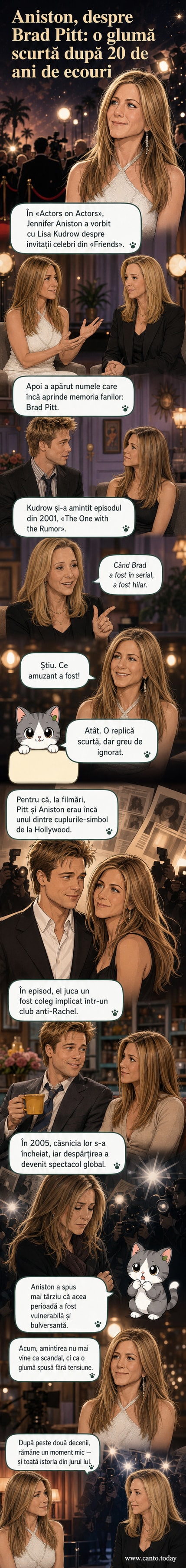 Jennifer Aniston și Brad Pitt în cadrul unui episod din 'Friends', cu un zâmbet discret al actriței în prezent