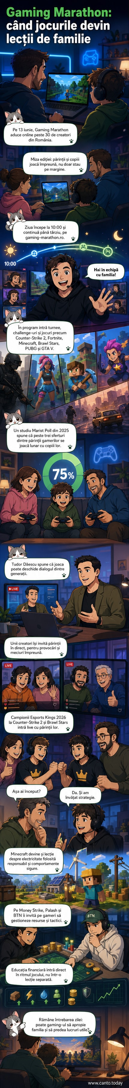 Ilustrație webtoon cu un părinte și un copil jucând Minecraft și Counter-Strike, înconjurat de elemente de finanțe și electricitate, sub titlul „Cum învață românii despre bani prin joc”