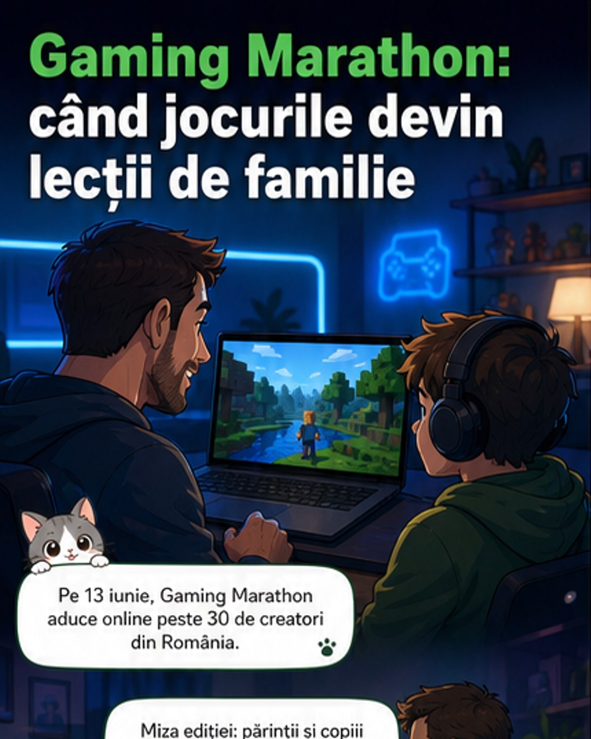 Ilustrație webtoon cu un părinte și un copil jucând Minecraft și Counter-Strike, înconjurat de elemente de finanțe și electricitate, sub titlul „Cum învață românii despre bani prin joc”