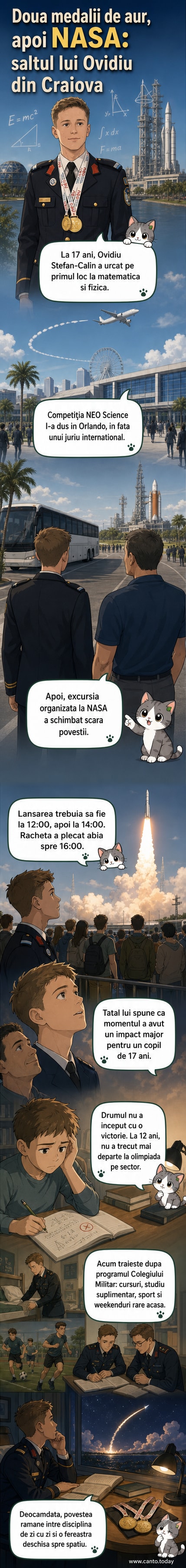 Ilustrare webtoon cu Ovidiu Ștefan-Călin în fața unei rachete SpaceX la NASA, ținând medalii de aur în mână, pe fundal o scenă din centrul spațial Kennedy.