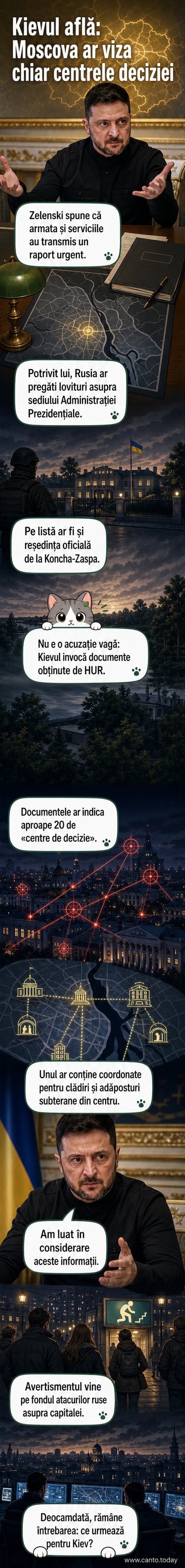 Ilustrație a clădirii Administrației Prezidențiale de la Kiev, cu coordonatele geografice și umbra unui avion de luptă în fundal, sugerând o amenințare iminentă.