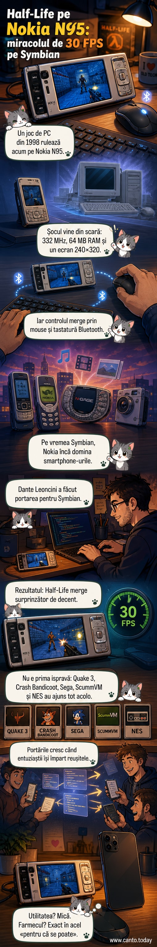Ilustrație care arată un Nokia N95 conectat la un mouse și o tastatură prin Bluetooth, cu ecranul afișând jocul Half-Life în desfășurare.