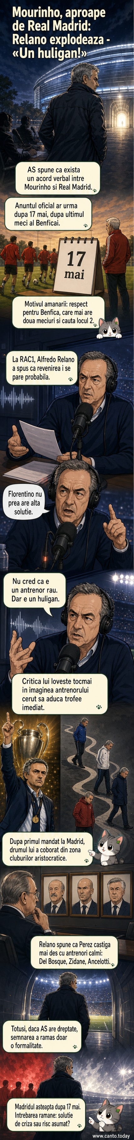 Ilustrare webtoon: Jose Mourinho în costum, pe banca de rezervă a Real Madrid, cu jurnaliști în fundal și un ecran cu titlul „Huligan”.