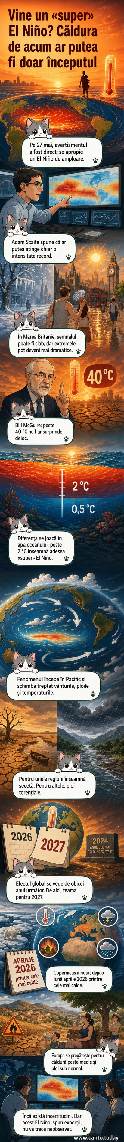 Ilustrație a unui ocean suprăîncălzit cu simboluri ale valurilor de căldură și a precipitațiilor extreme, în contextul unui super El Niño care se apropie.
