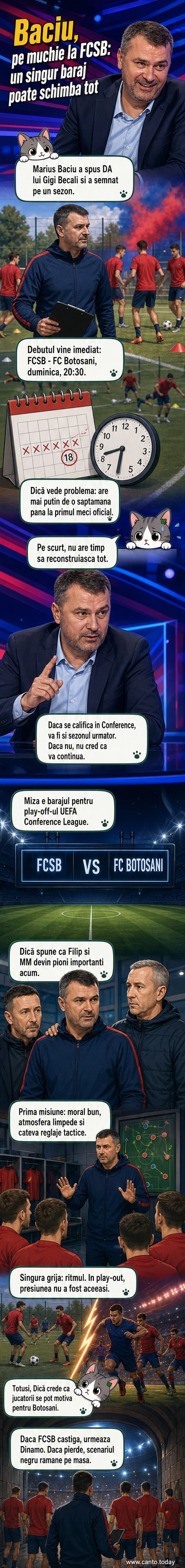 Ilustrație cu Marius Baciu în tribună, privind concentrat spre teren, cu echipa FCSB în fundal și un cronometru pe jumătate gol, sugerând presiunea timpului.
