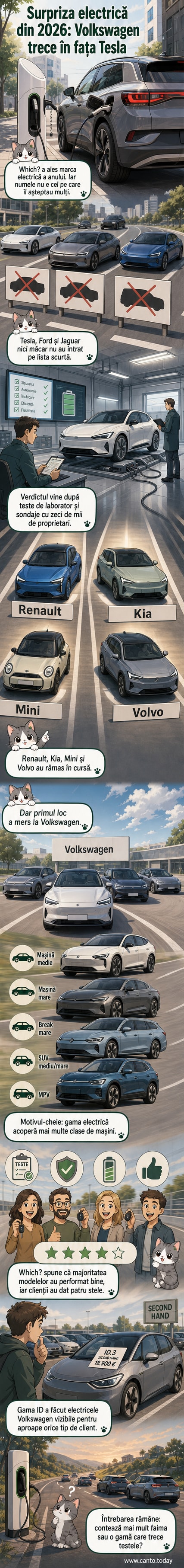 Ilustrație cu un șir de mașini electrice Volkswagen din seria ID. pe un drum european, cu logo-ul Which? în fundal