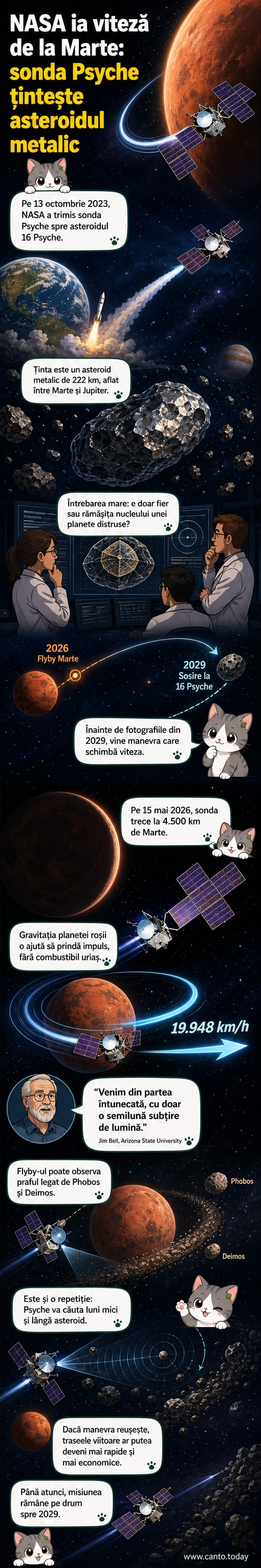 Ilustrație NASA cu sonda Psyche trecând pe lângă Marte, folosind gravitația planetei pentru a accelera spre asteroidul metalic 16 Psyche.