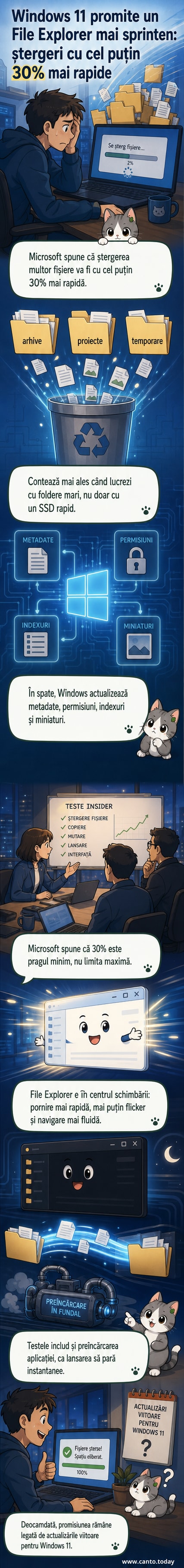Ilustrație cu un calculator Windows 11 ștergând rapid o grămadă de fișiere, cu o săgeată care arată viteza crescută a procesului.