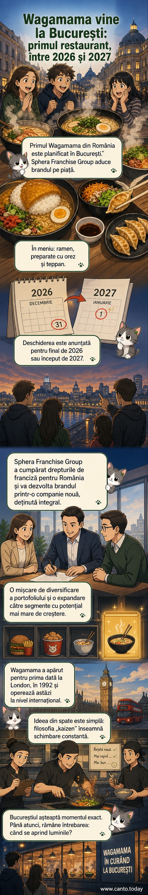 Ilustrație cu un restaurant Wagamama într-un cartier urban din București, cu trecători care privesc meniul asiatic expus în vitrină.