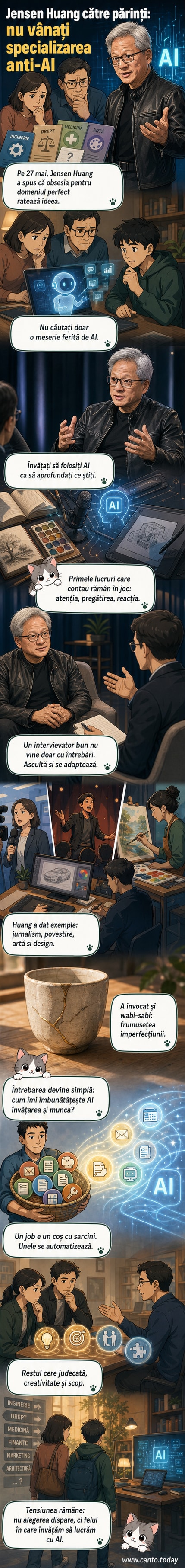 Ilustrație cu un copil citind o carte în fața unui ecran cu simboluri AI, în timp ce un părinte stă lângă el, privind în afară cu gânditor