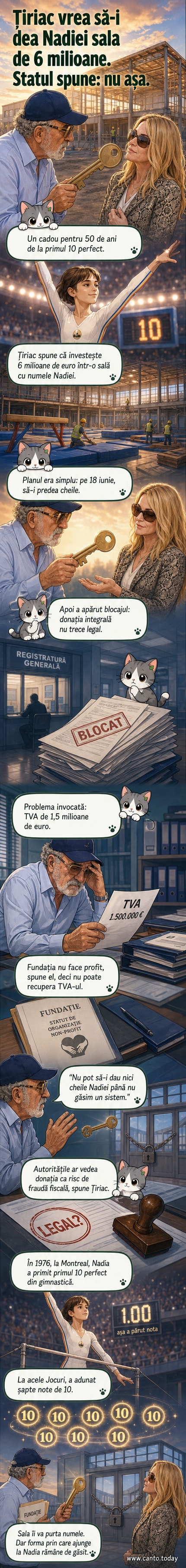 Ilustrație cu Ion Țiriac și Nadia Comăneci în fața unei săli de gimnastică, cu un semn de interzicere deasupra donației, simbolizând blocarea birocratică.